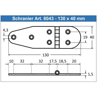 Edelstahlscharnier 130 x 40 x 1,5 mm, Edelstahl A2