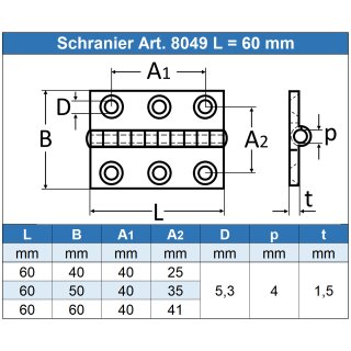 Scharnier 80 x 50 x 1,5 mm, Edelstahl A2