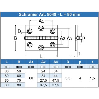 Scharnier 80 x 80 x 1,5 mm, Edelstahl A2