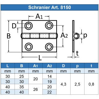 Scharnier 30 x 25 x 0,8 mm, Edelstahl A2