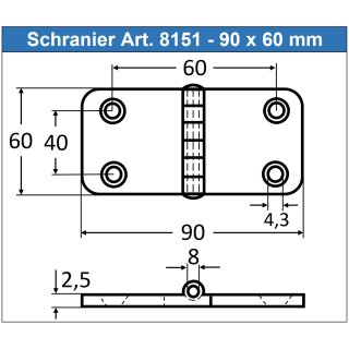 Scharnier 95 x 60 x 2 mm, Edelstahl A2