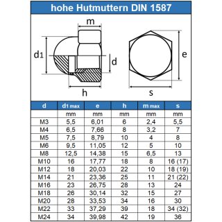 Hutmuttern DIN 1587/A2 Edelstahl von M 3 bis M 16 neu 