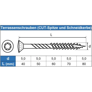 Terrassenschrauben TORX TX-25 mit CUT-Spitze und Schneidkerbe Edelstahl  technische Zeichnung
